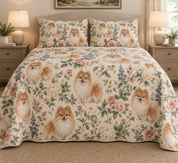Pomeranian Cottage Floral Quilt Set