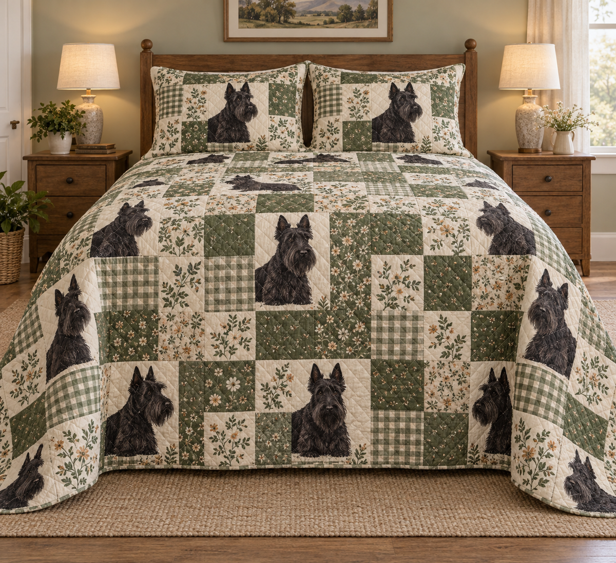 Scottish Terrier Heritage Patchwork Quilt Set, front bedroom view