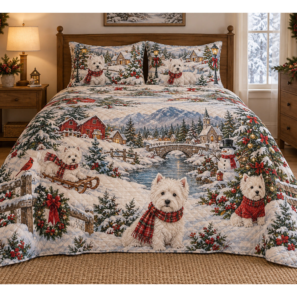 West Highland White Terrier Vintage Postcards Christmas Quilt Set