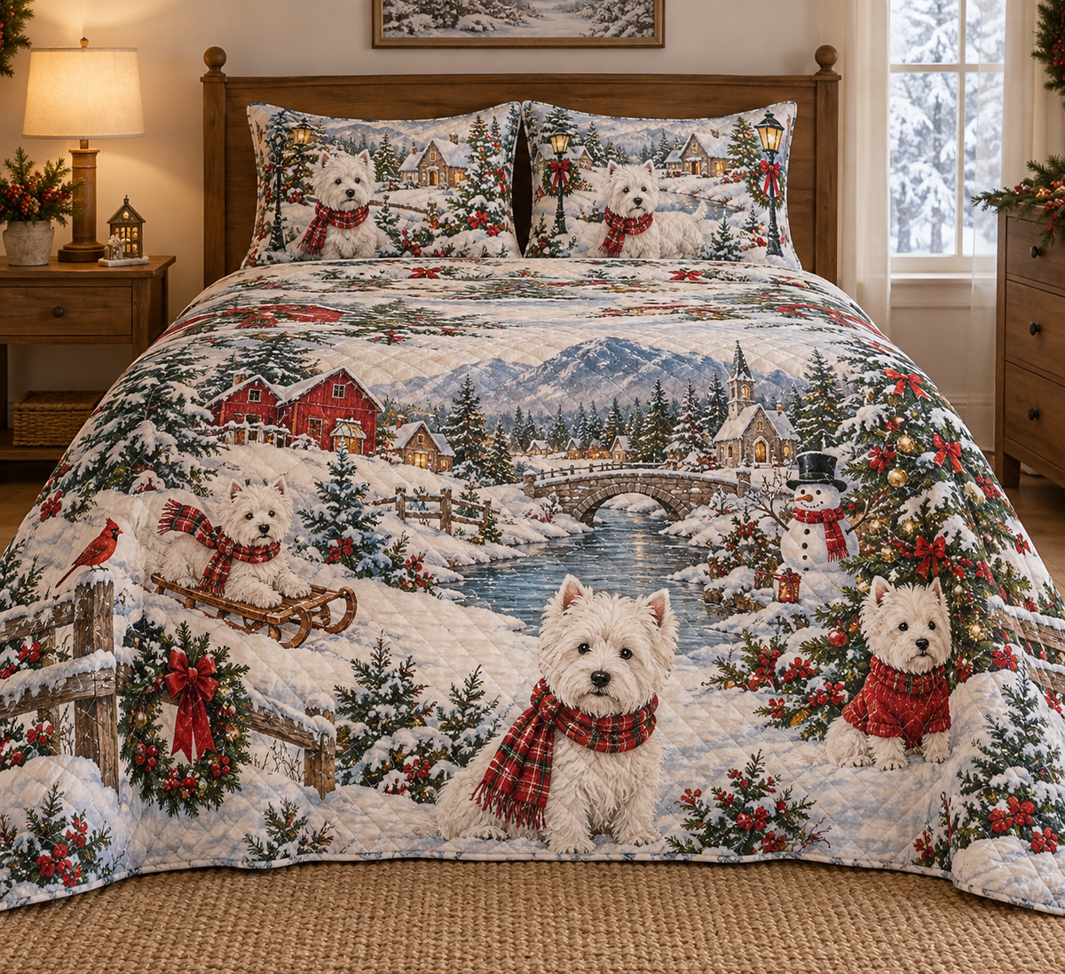 West Highland White Terrier Vintage Postcards Christmas Quilt Set, front bedroom view