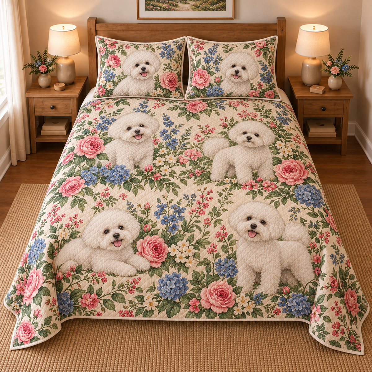 Bichon Frise Cottage Floral Quilt Set, front bedroom view