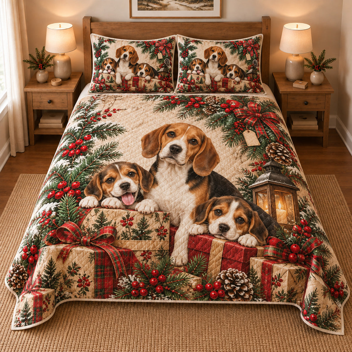 Beagle Gifts and Puppies Christmas Quilt Set