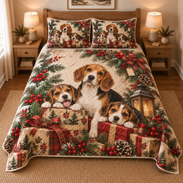 Beagle Gifts and Puppies Christmas Quilt Set