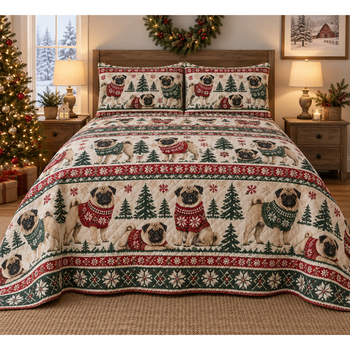 Pug Cozy Sweater Christmas Quilt Set