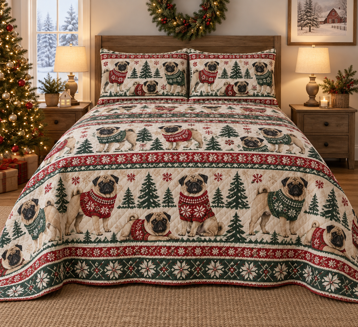 Pug Cozy Sweater Christmas Quilt Set, front bedroom view