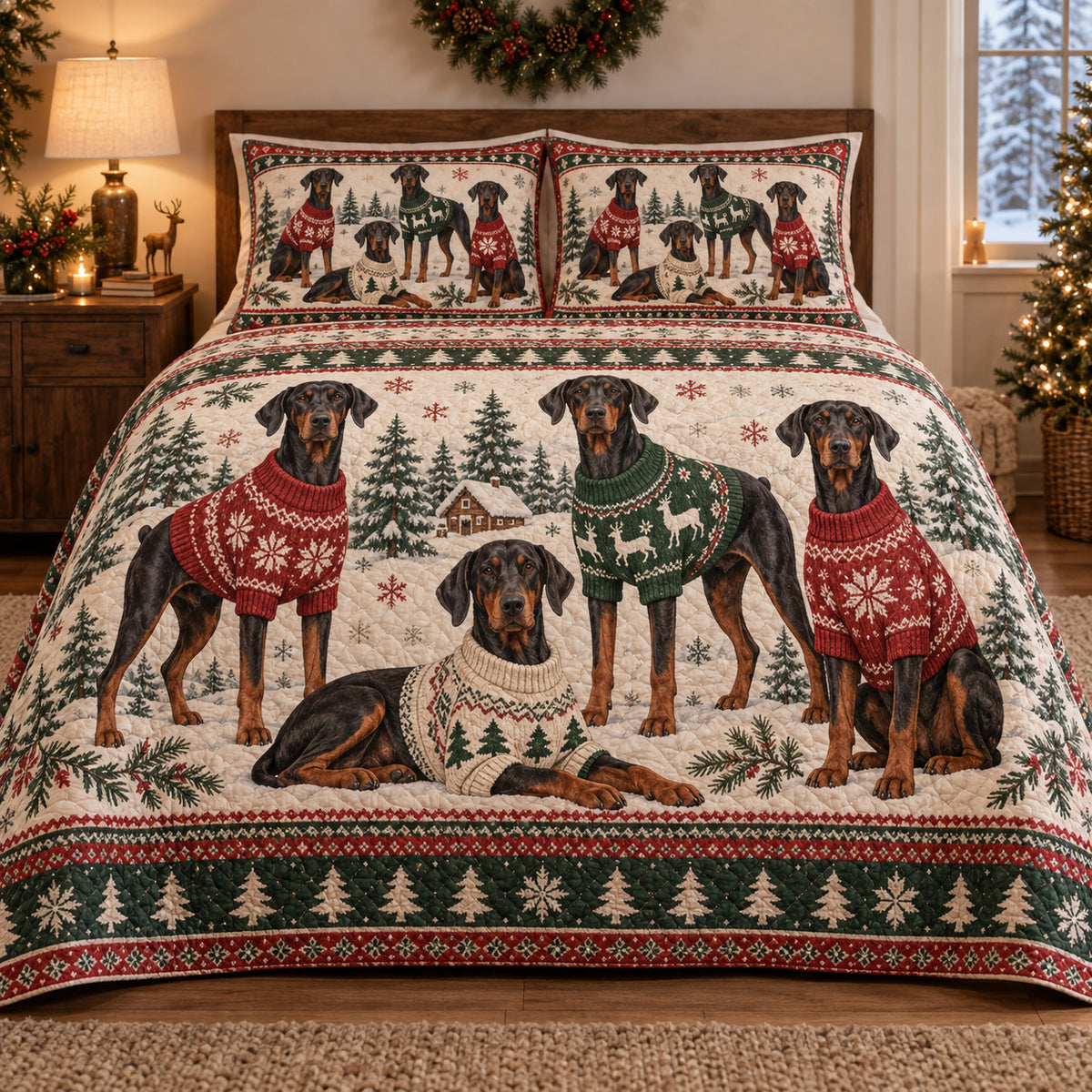 Doberman Pinscher Cozy Sweater Christmas Quilt Set