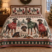 Doberman Pinscher Cozy Sweater Christmas Quilt Set, front bedroom view