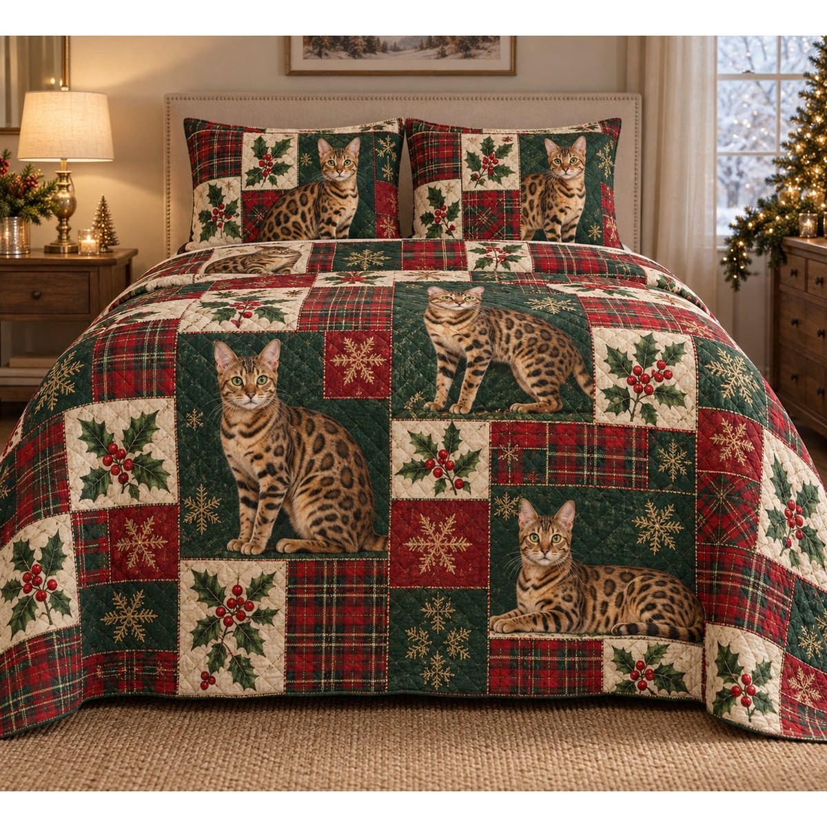 Bengal Cat Heritage Tartan Christmas Quilt Set