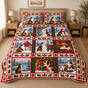 Calico Cat Vintage Postcards Christmas Quilt Set, reference-form bedroom view