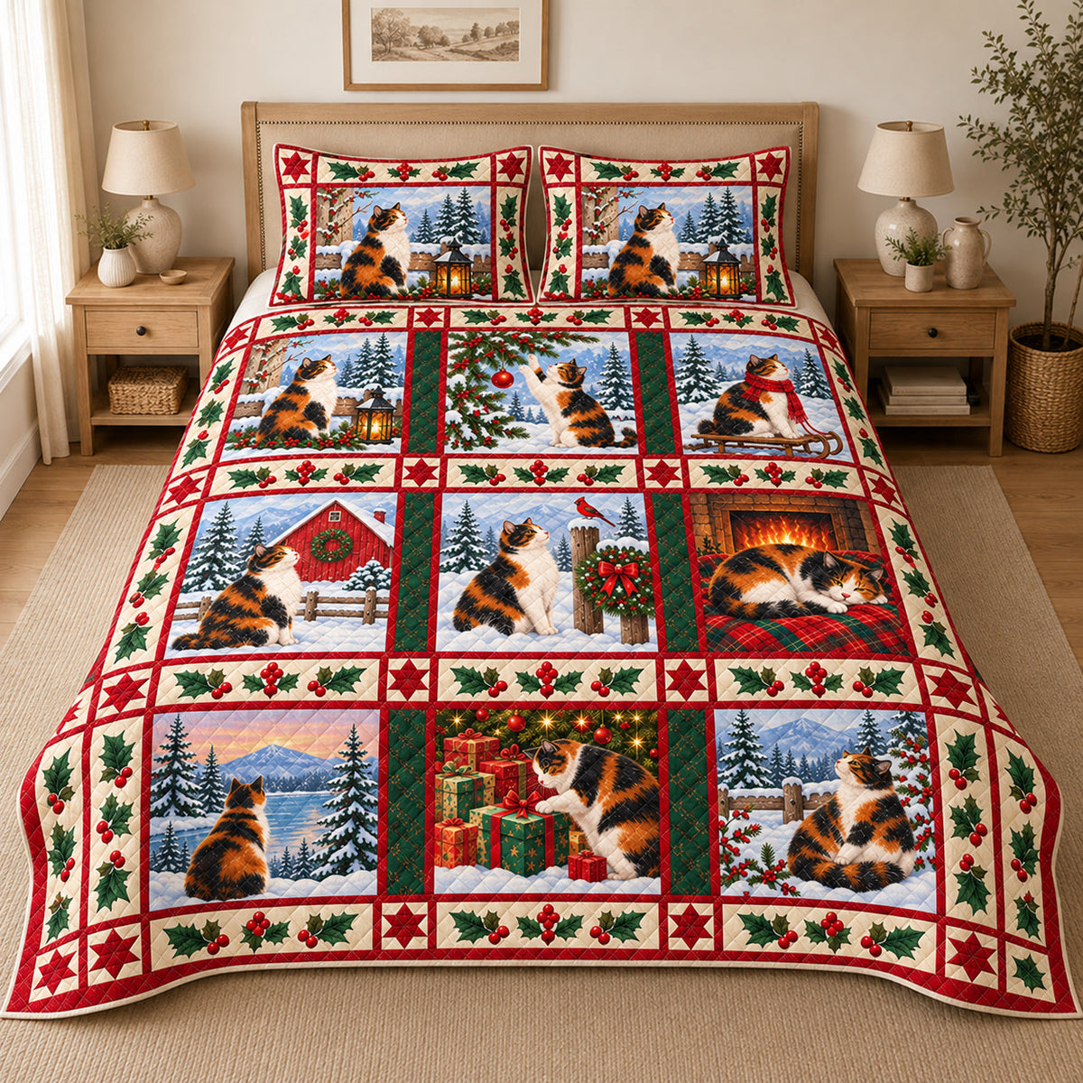 Calico Cat Vintage Postcards Christmas Quilt Set, reference-form bedroom view