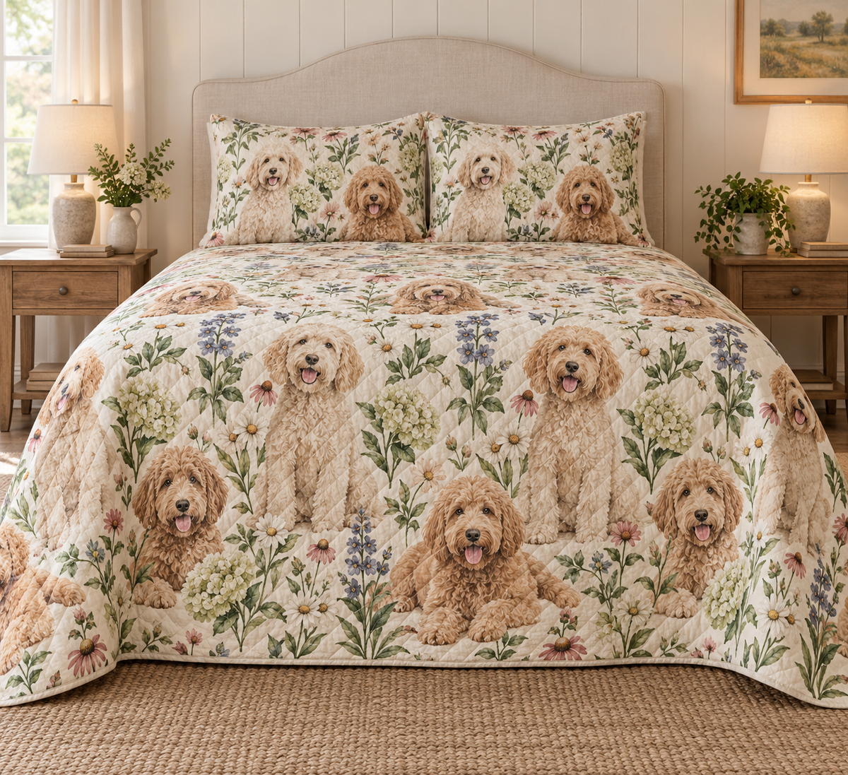 Labradoodle Cottage Floral Quilt Set, front bedroom view