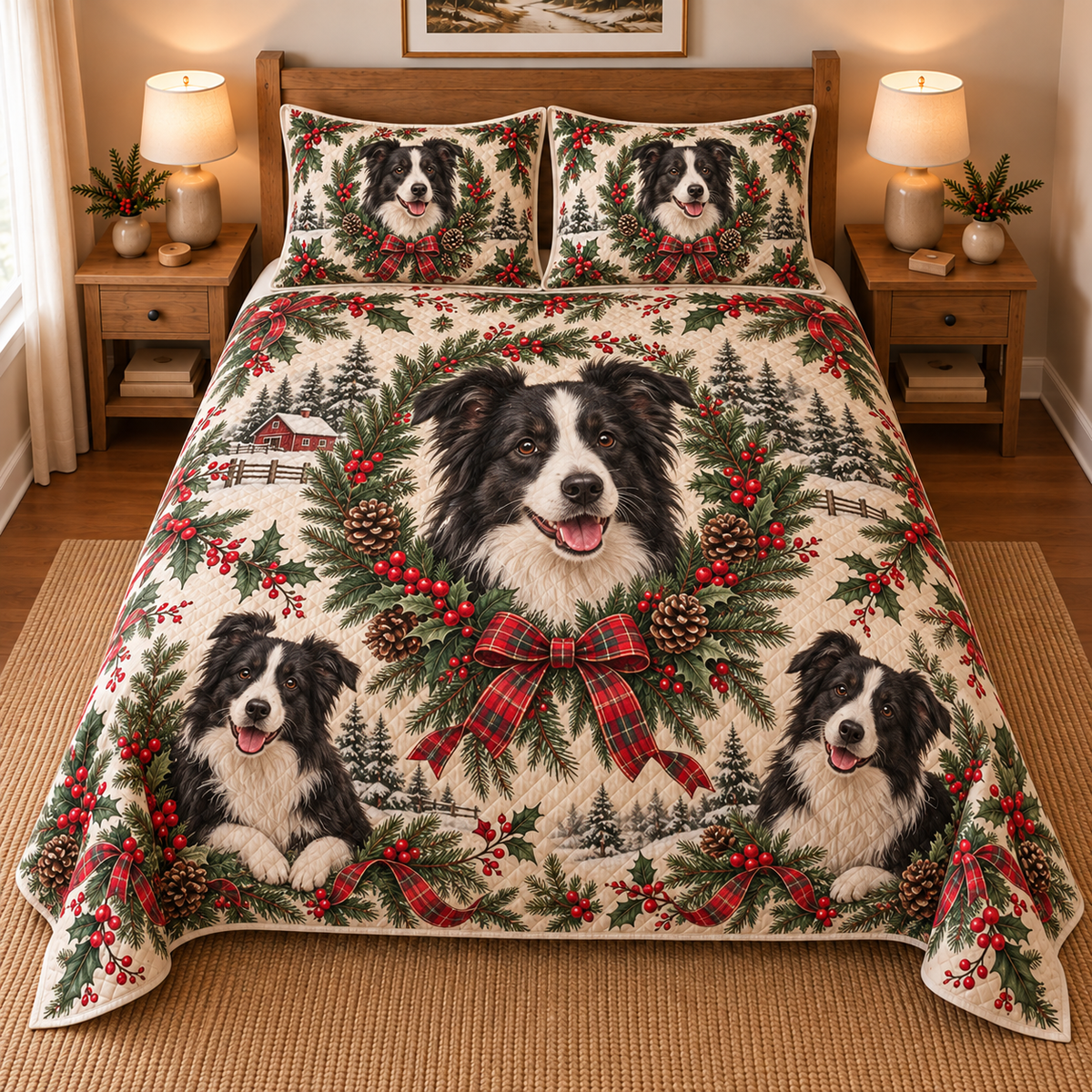 Border Collie Christmas Wreath Quilt Set, front bedroom view