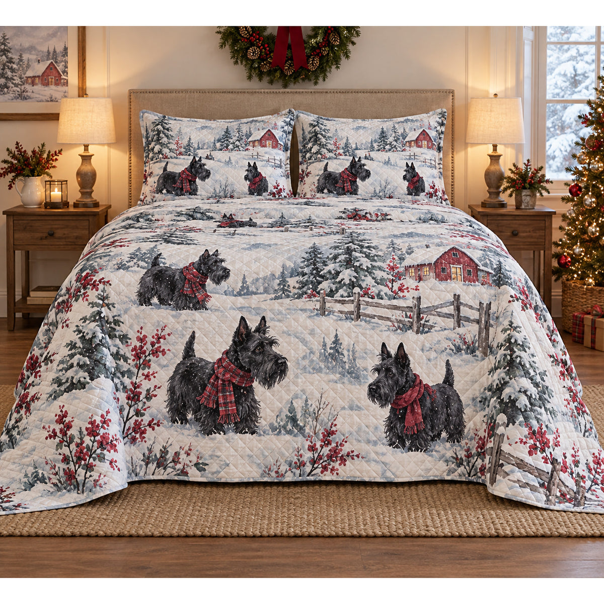Scottish Terrier Snowy Watercolor Christmas Quilt Set