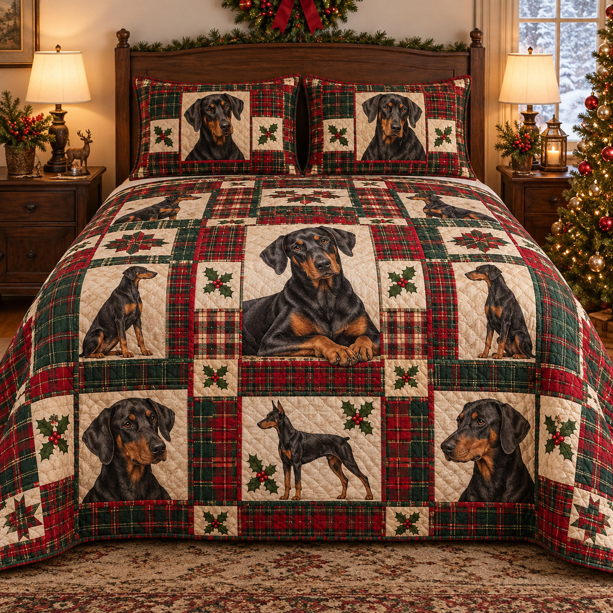 Doberman Pinscher Heritage Tartan Christmas Quilt Set