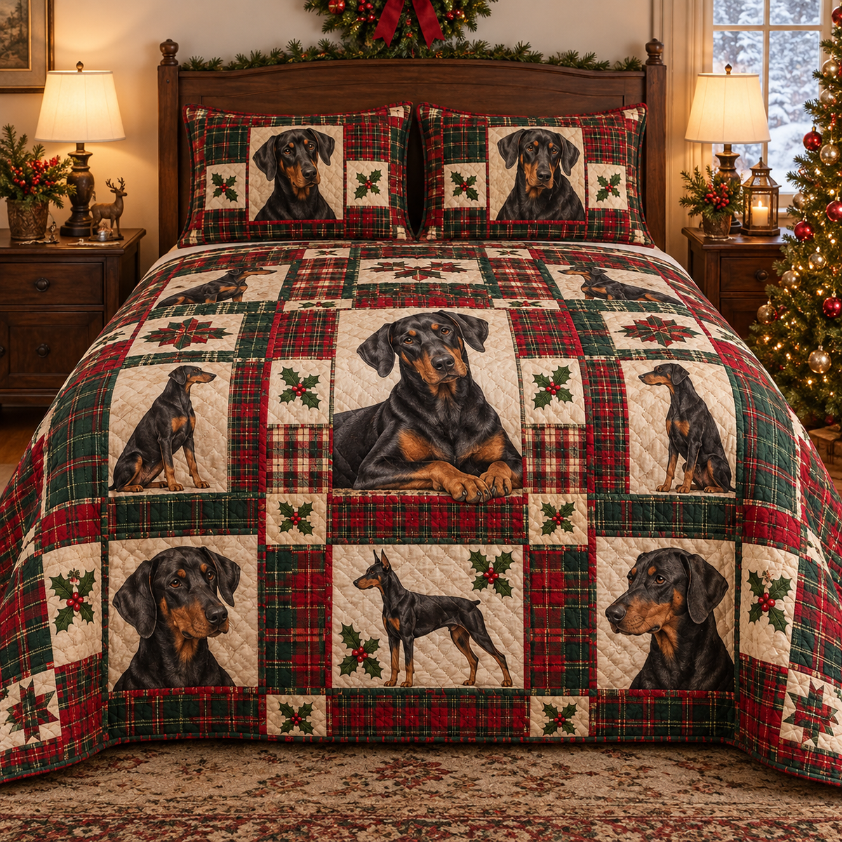 Doberman Pinscher Heritage Tartan Christmas Quilt Set, front bedroom view