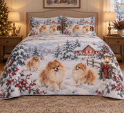 Pomeranian Snowy Watercolor Christmas Quilt Set, front bedroom view