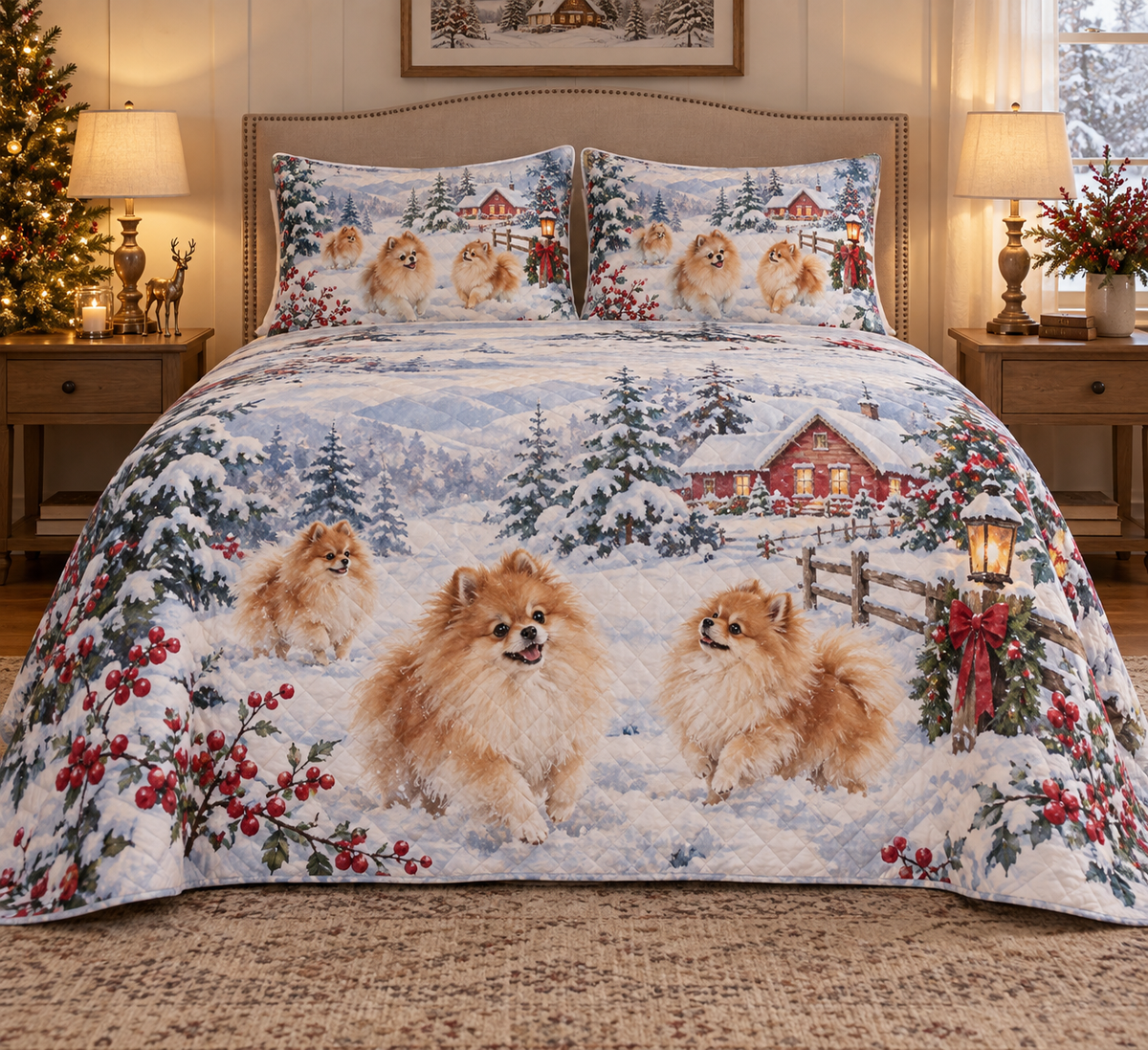 Pomeranian Snowy Watercolor Christmas Quilt Set, front bedroom view