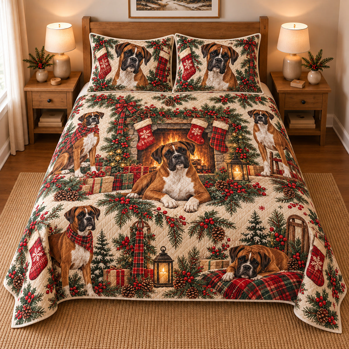 Boxer Stocking Mantel Christmas Quilt Set