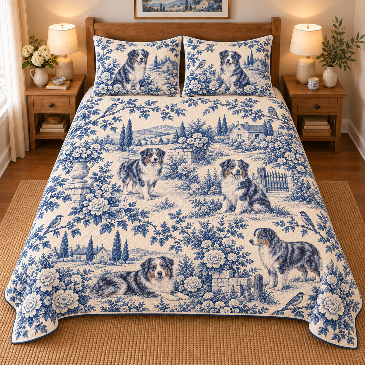 Australian Shepherd Blue Country Toile Quilt Set, front bedroom view