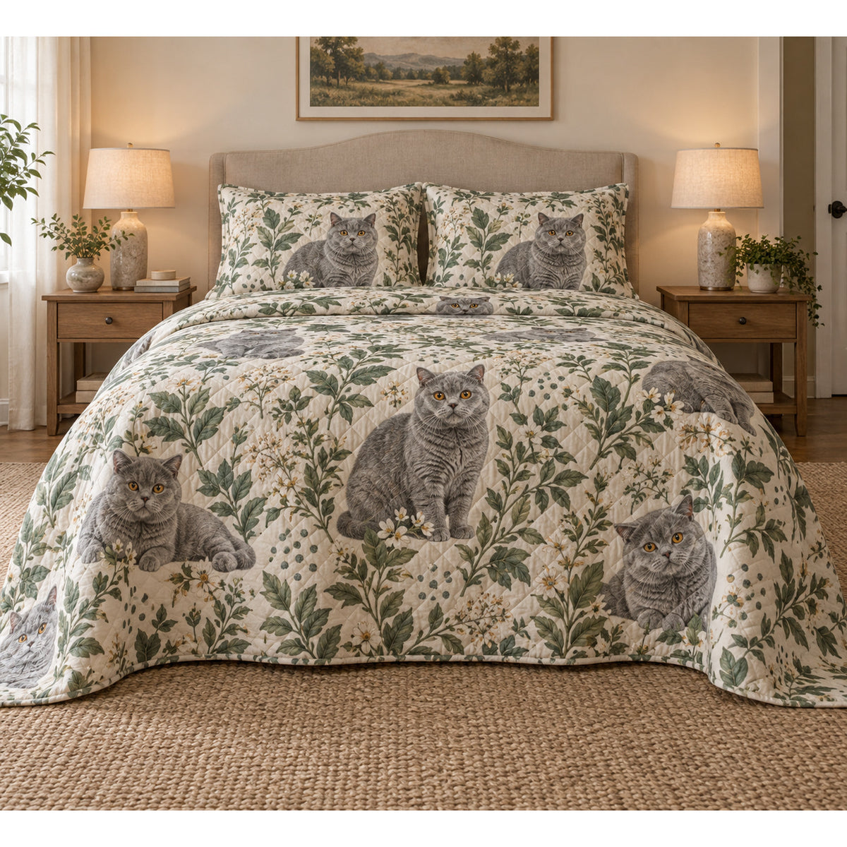 British Shorthair Cat Spotted Botanical Quilt Set
