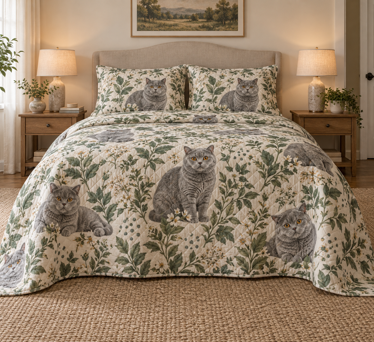British Shorthair Cat Spotted Botanical Quilt Set, front bedroom view