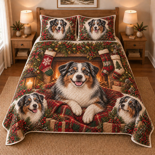 Australian Shepherd Stocking Mantel Christmas Quilt Set, front bedroom view