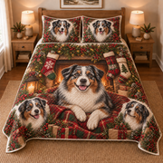 Australian Shepherd Stocking Mantel Christmas Quilt Set, front bedroom view