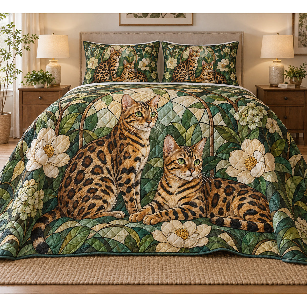 Bengal Cat Garden Stained Glass Quilt Set