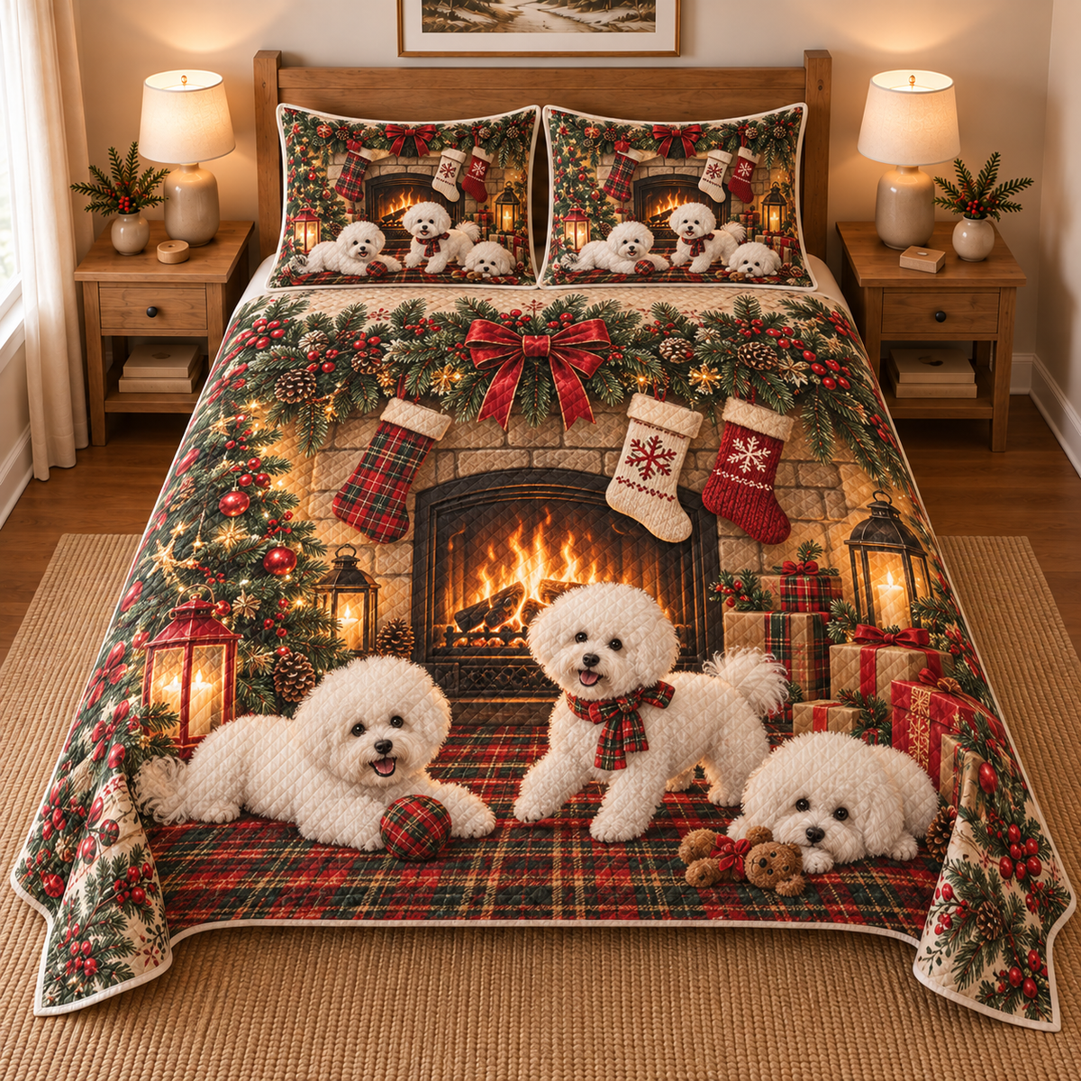 Bichon Frise Stocking Mantel Christmas Quilt Set, front bedroom view