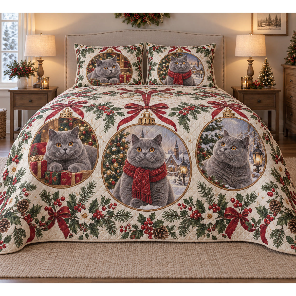 British Shorthair Cat Ornament Medallions Christmas Quilt Set