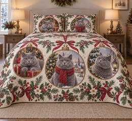 British Shorthair Cat Ornament Medallions Christmas Quilt Set