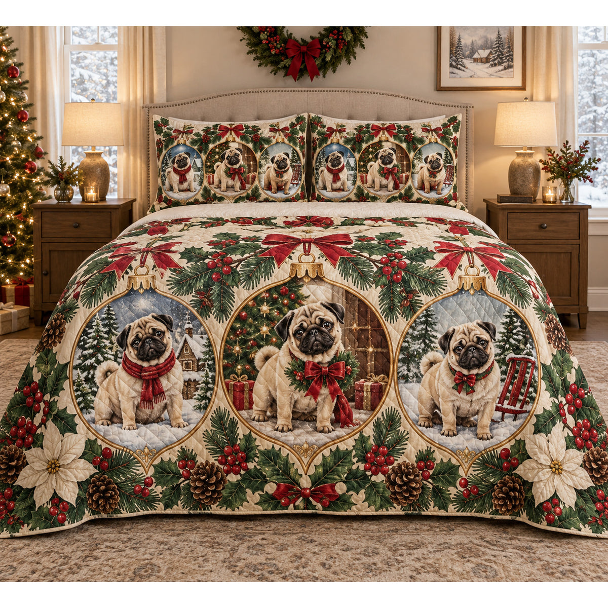 Pug Ornament Medallions Christmas Quilt Set