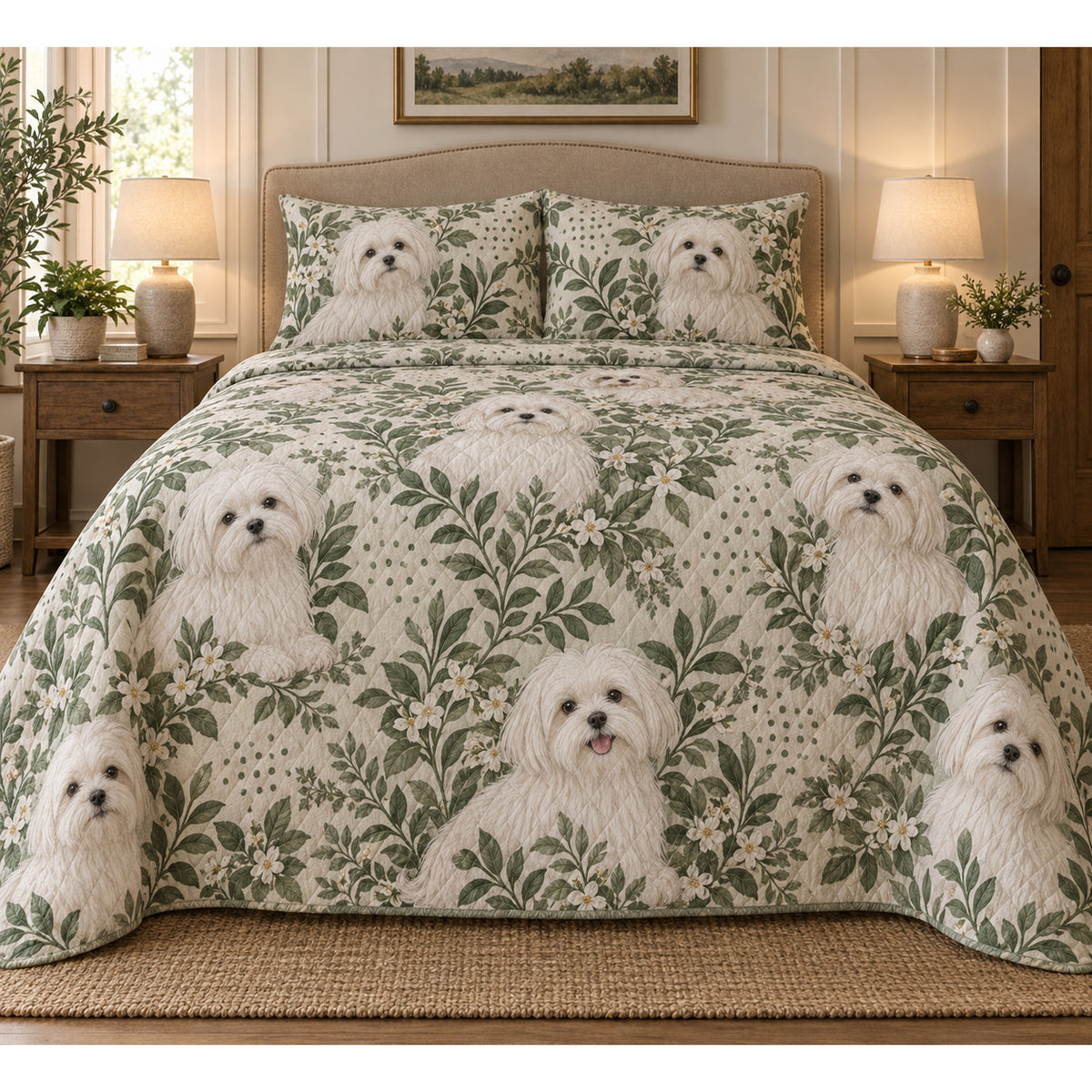 Maltese Spotted Botanical Quilt Set