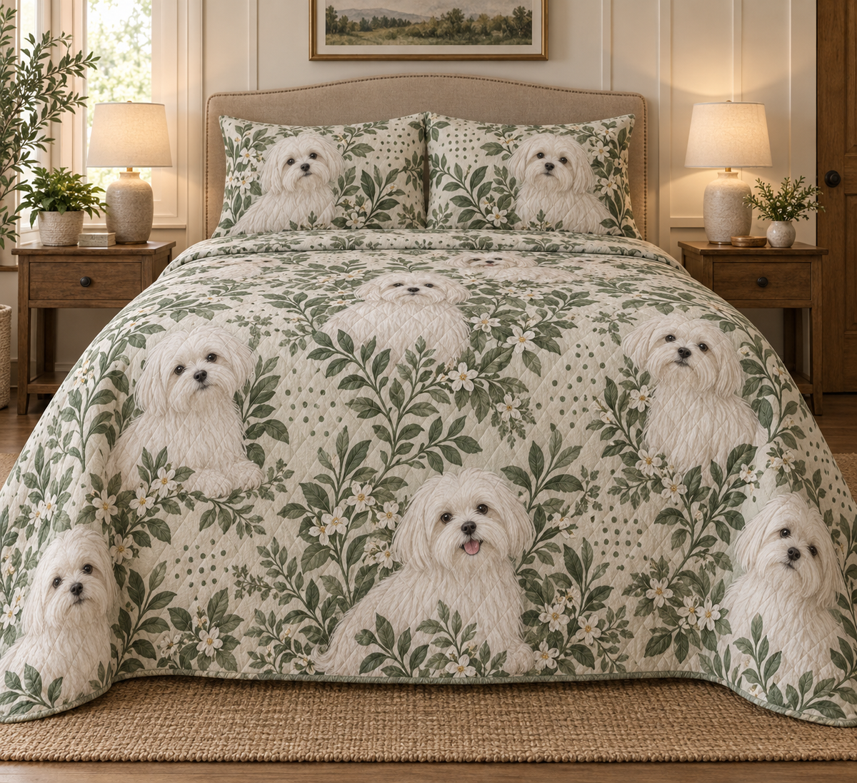 Maltese Spotted Botanical Quilt Set, front bedroom view