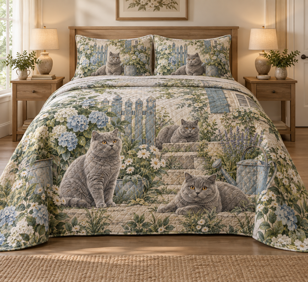 British Shorthair Cat Rustic Farmhouse Quilt Set, front bedroom view