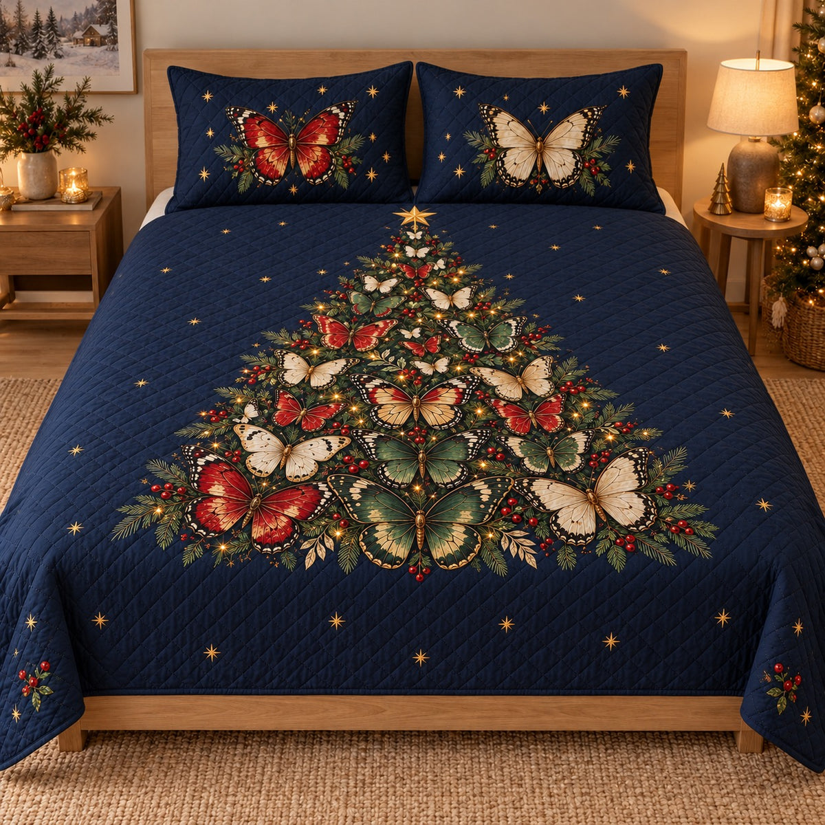 Butterfly Tree Christmas Quilt Set, front butterfly bedroom view