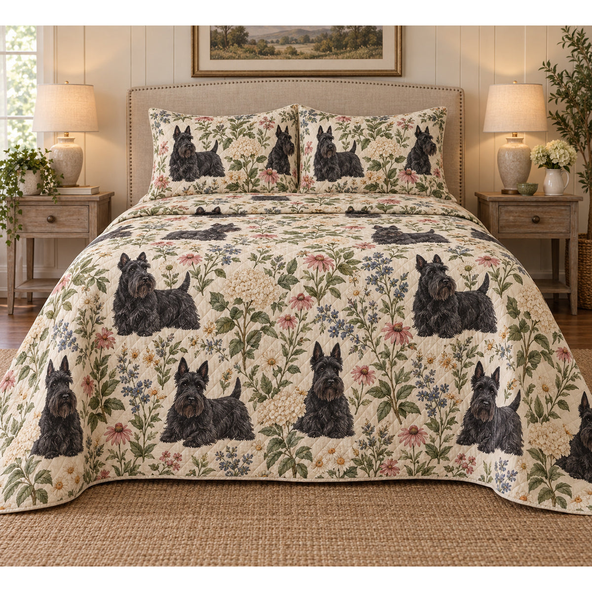 Scottish Terrier Cottage Floral Quilt Set