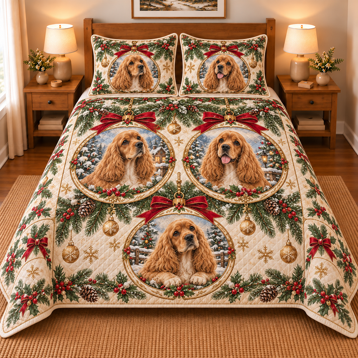Cocker Spaniel Ornament Medallions Christmas Quilt Set, front bedroom view