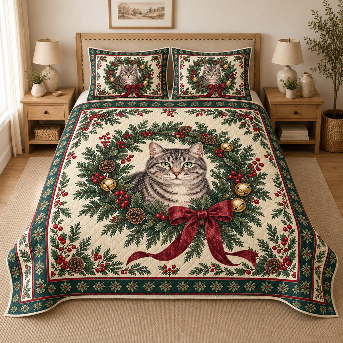 Gray Tabby Cat Christmas Wreath Quilt Set, reference-form bedroom view