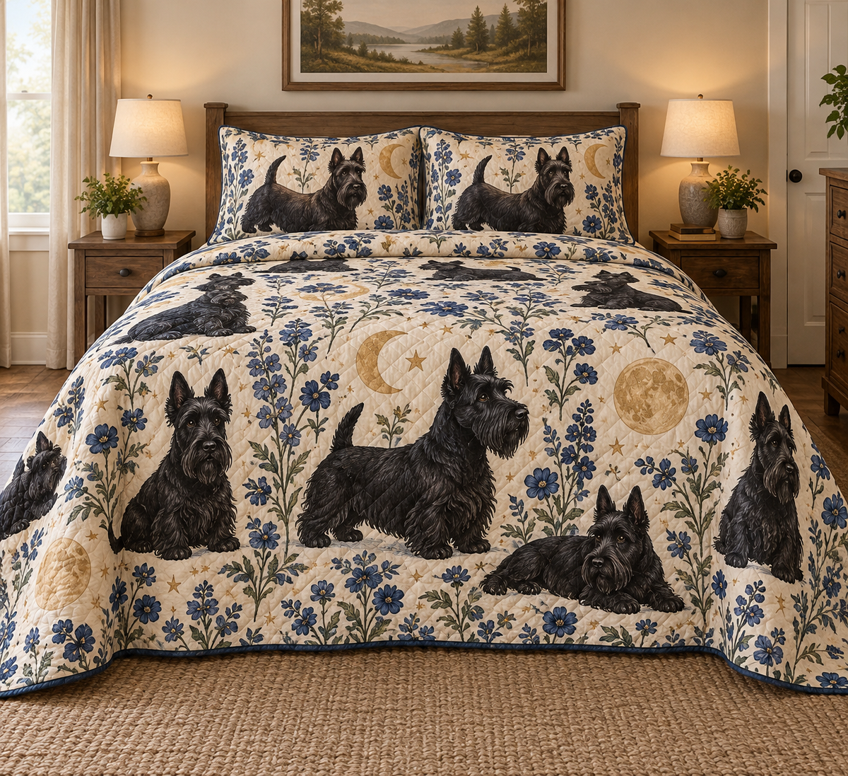 Scottish Terrier Celestial Night Quilt Set, front bedroom view