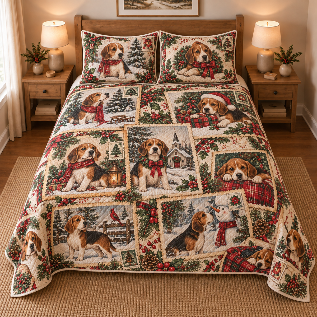 Beagle Vintage Christmas Postcards Quilt Set, front bedroom view