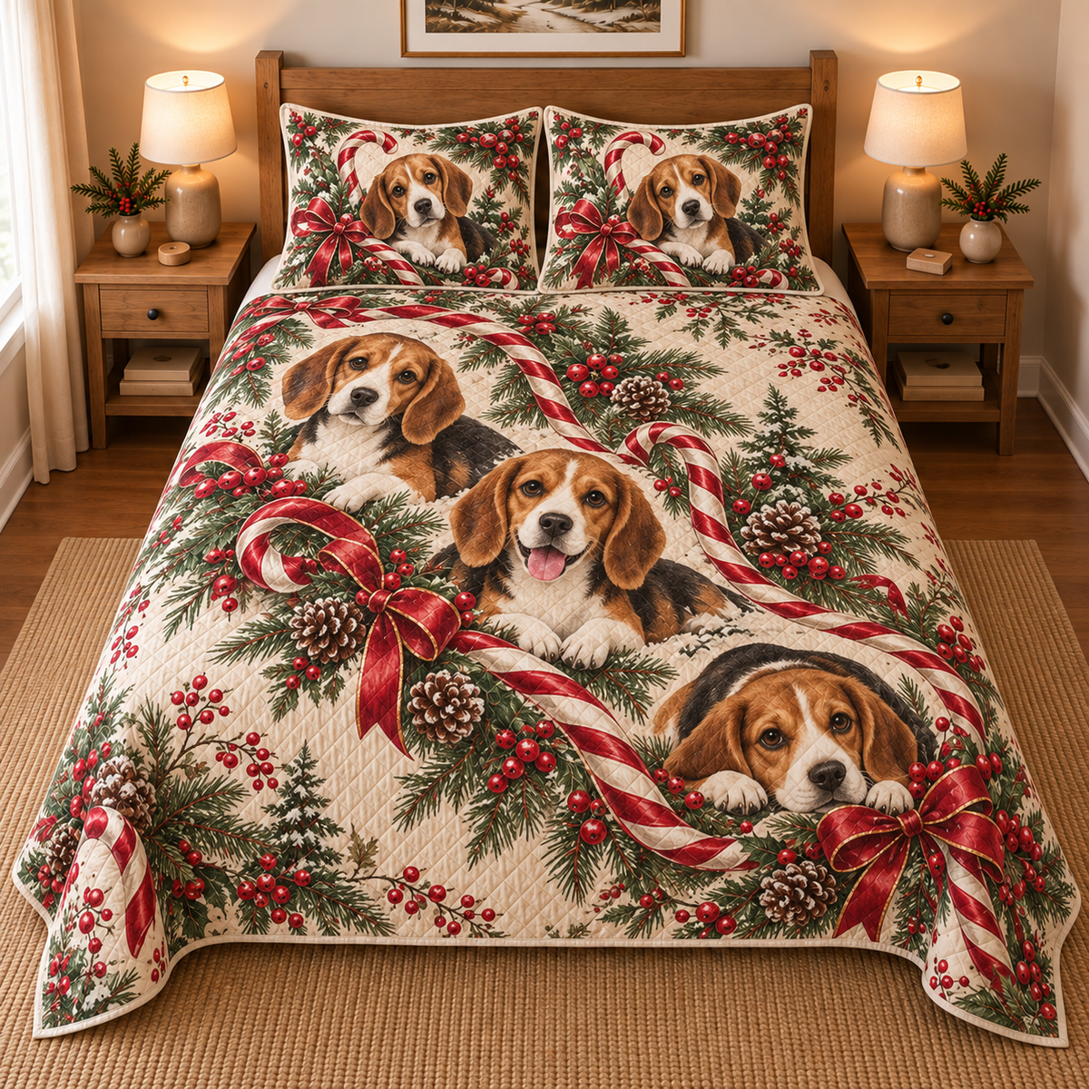 Beagle Peppermint Ribbons Christmas Quilt Set, front bedroom view