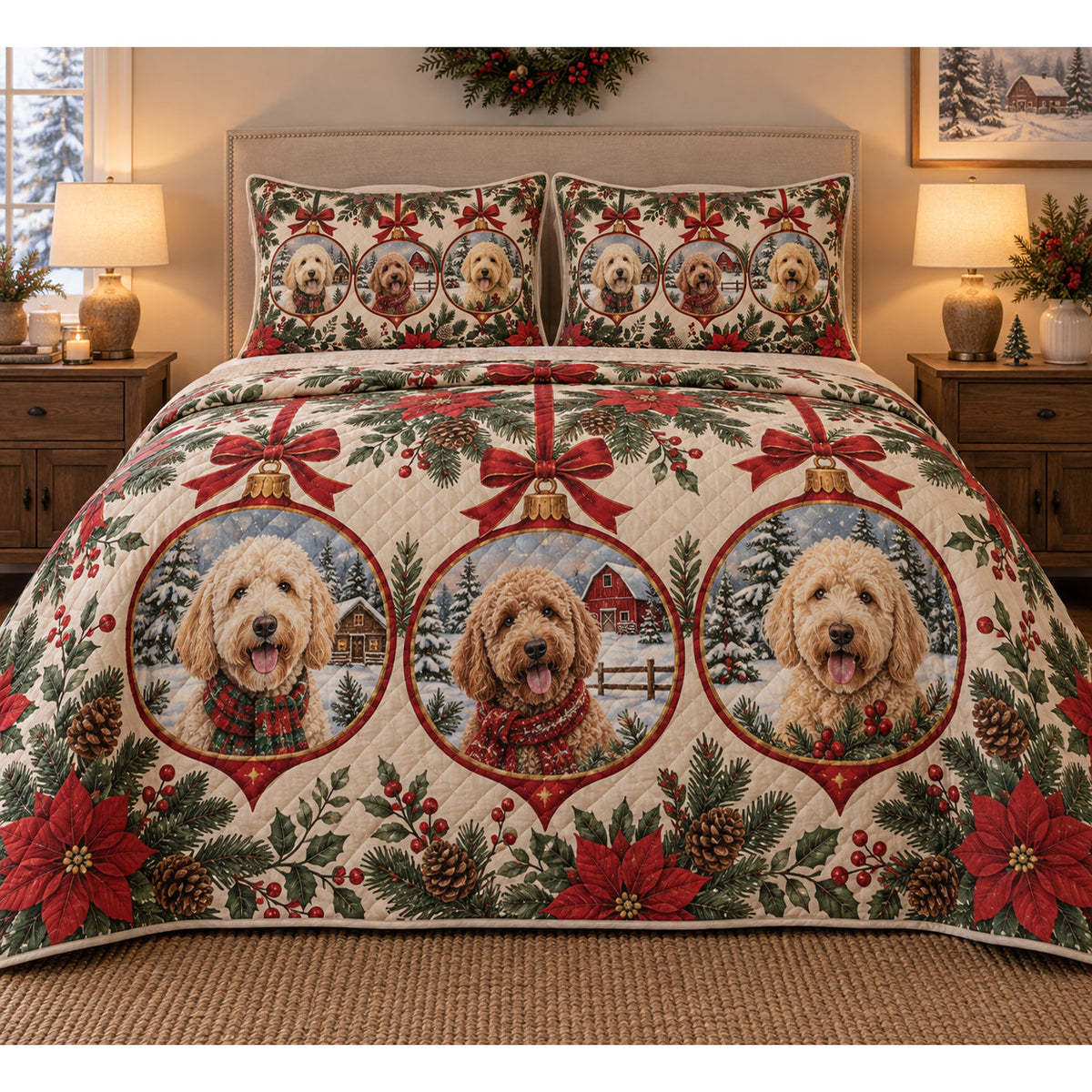 Labradoodle Ornament Medallions Christmas Quilt Set