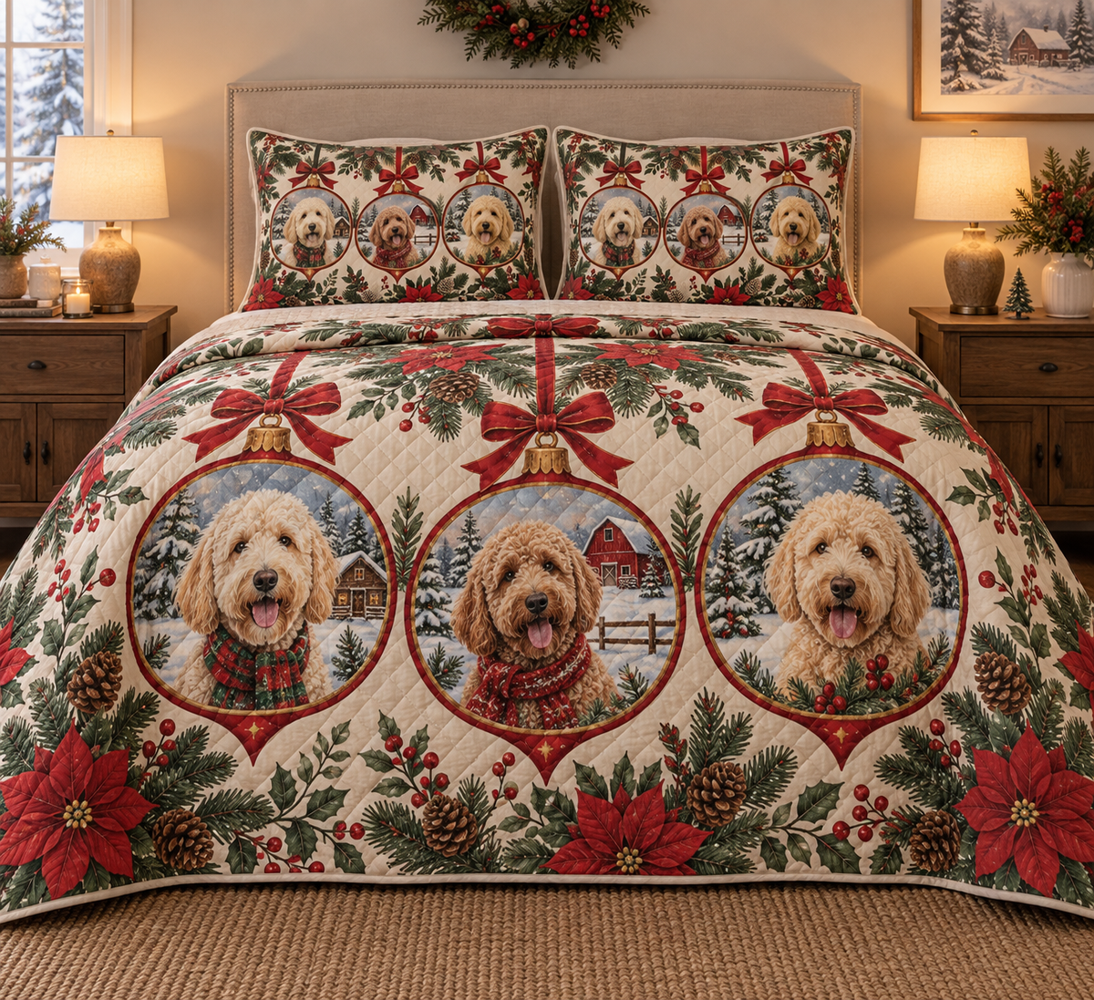 Labradoodle Ornament Medallions Christmas Quilt Set, front bedroom view