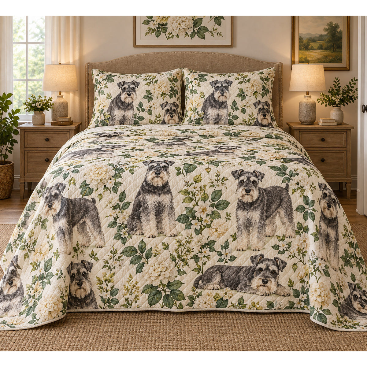 Schnauzer Cottage Floral Quilt Set