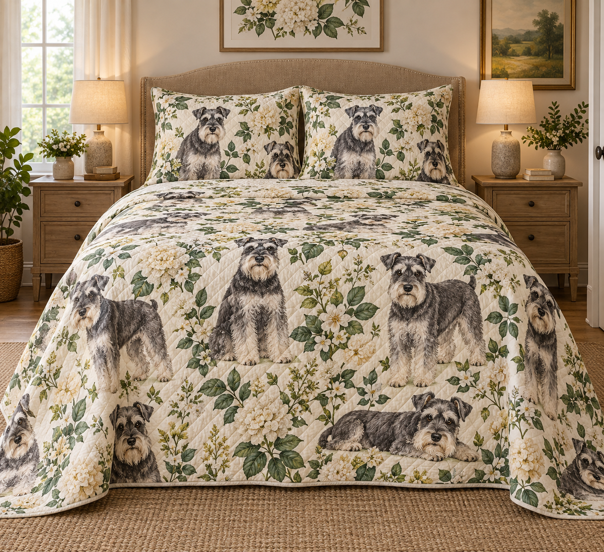 Schnauzer Cottage Floral Quilt Set, front bedroom view