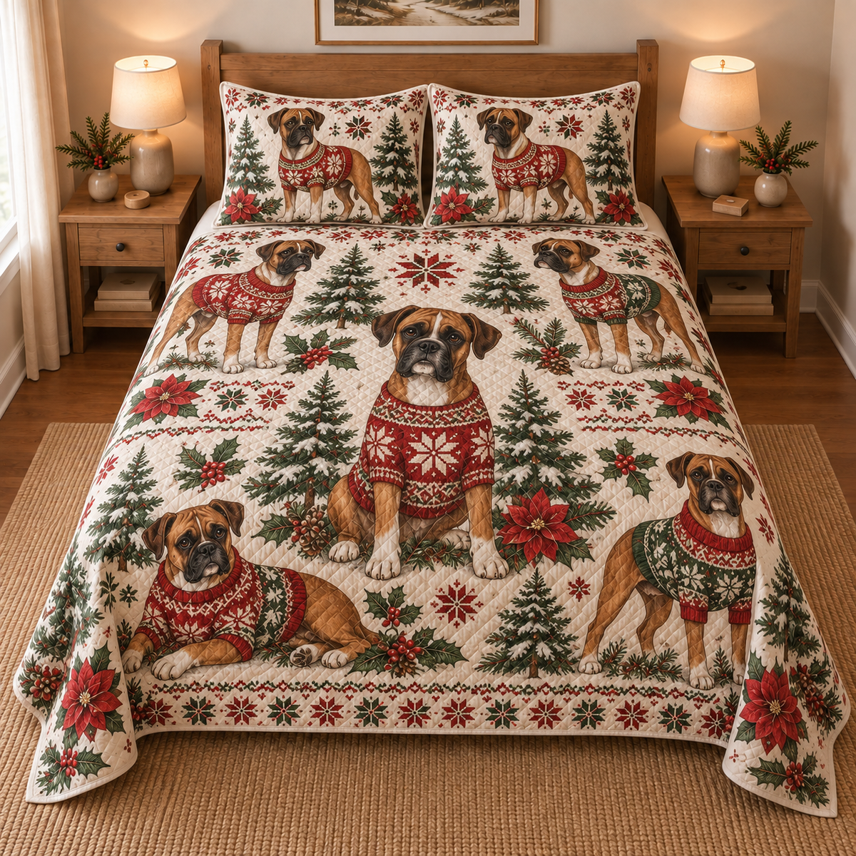 Boxer Cozy Christmas Sweater Quilt Set, front bedroom view