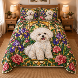 Bichon Frise Garden Stained Glass Quilt Set