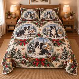 Border Collie Winter Snow Globes Christmas Quilt Set