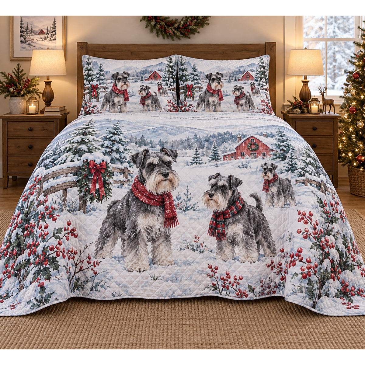 Schnauzer Snowy Watercolor Christmas Quilt Set